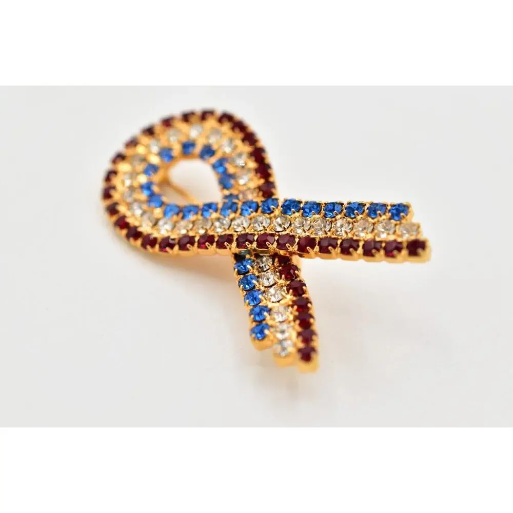 Vintage Crystal Ribbon Bow Pin Brooch Red Blue Crystal Flag Patriotic USA BinBG
